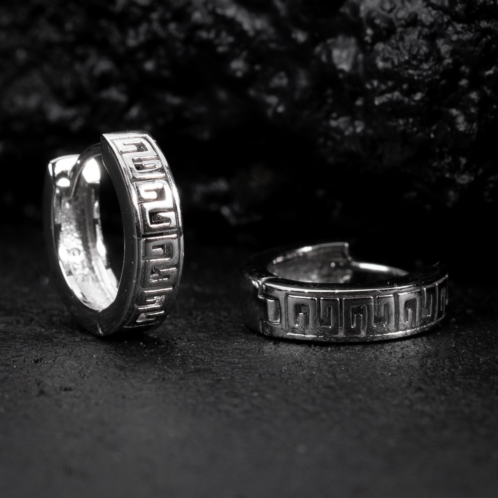 Small Mens Greek White Gold Plated Solid Sterling Silver Huggie Hoop Earrings